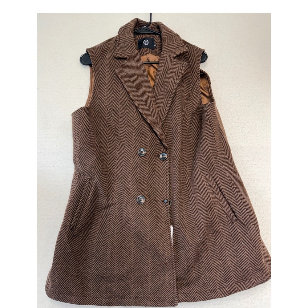 Brown Herringbone Double Breasted Wool Blend Sleeveless Vest Coat XL NWT